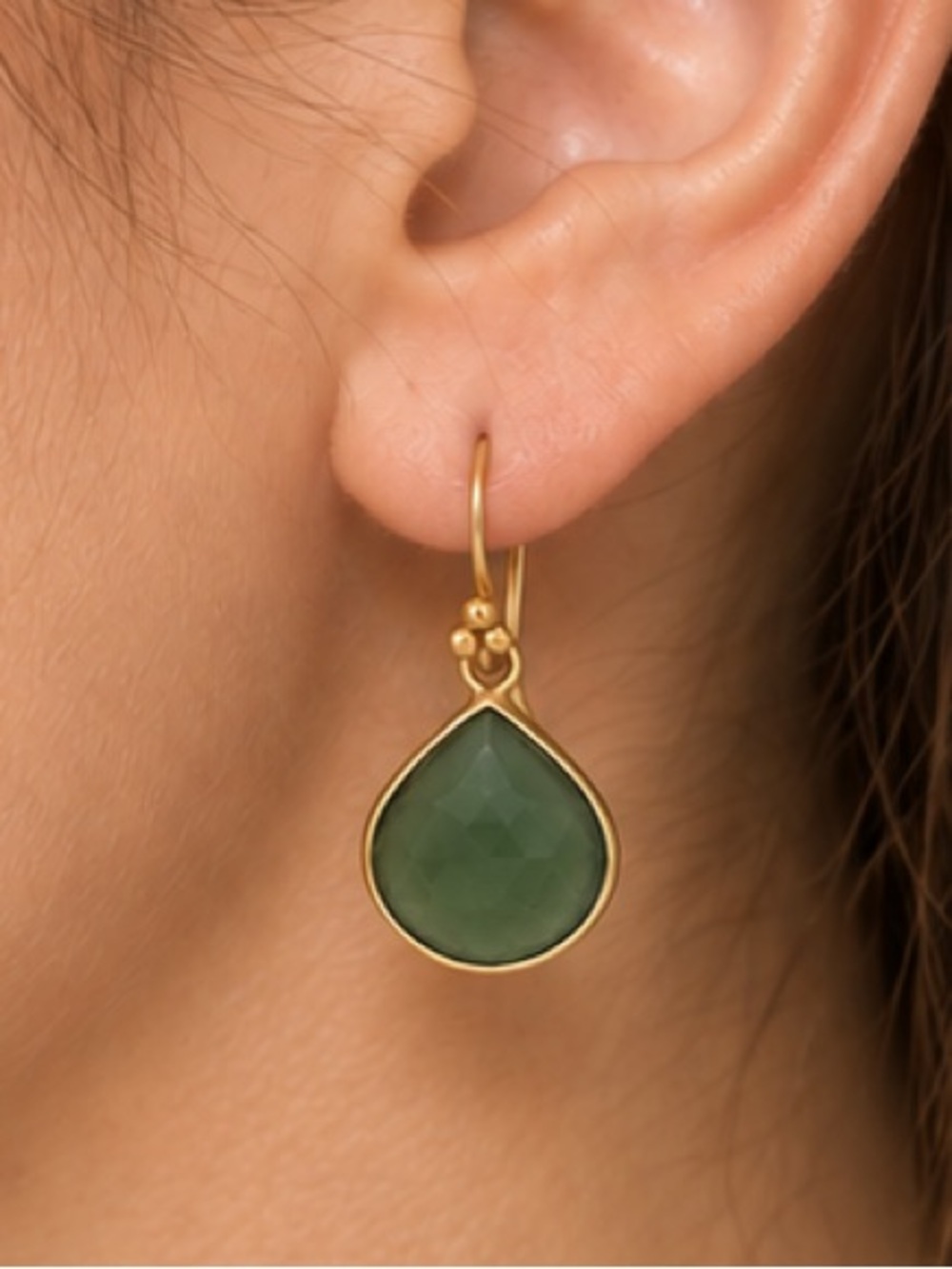 Gold-Framed Green Teardrop Dangle Earrings